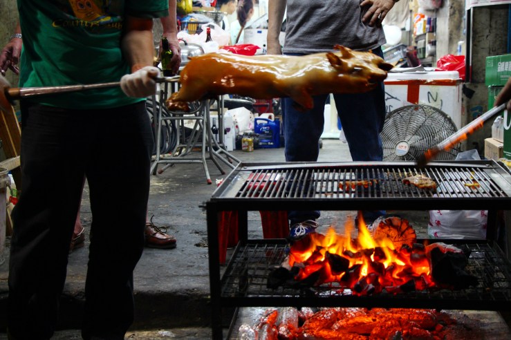 Man roasts a whole baby pig over a spit. | Tai Hang Fire Dragon Dance, Tai Hang, Hong Kong | September 27, 2015 | Tanya McGovern